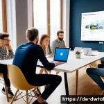 Home 18 브랜드 가치를 높이는 온라인 전략 - A professional social media marketing team brainstorming in a modern Berlin office, with diverse you...