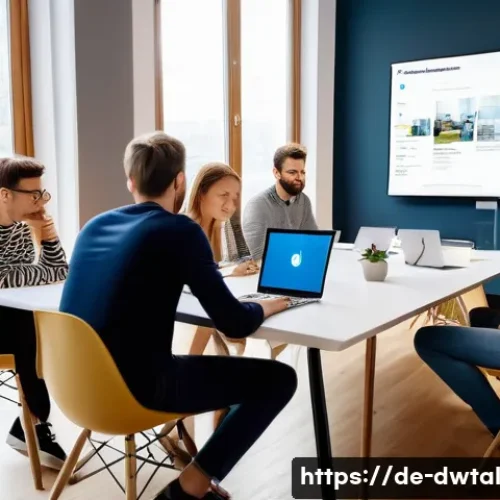 Home 30 브랜드 가치를 높이는 온라인 전략 - A professional social media marketing team brainstorming in a modern Berlin office, with diverse you...
