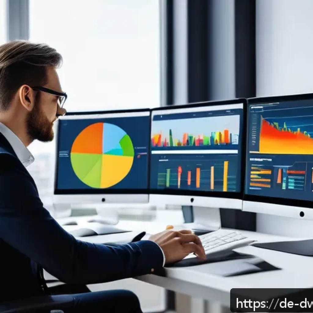 소셜 미디어 분석 도구를 활용한 명성 관리 - A modern office scene showing a professional German marketing manager monitoring online reputation o...