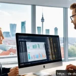 Home 21 디지털 명성 관리의 글로벌 트렌드 - A modern office scene in Berlin featuring a diverse team of professionals monitoring social media an...